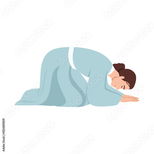 Woman kneeling and bowing in a deep prayer position, expressing humility and devotion. Flat vector illustration isolated on white background