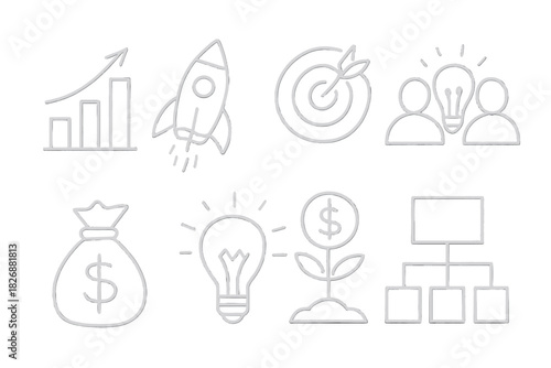 Outline symbols collection representing business startup success and financial growth