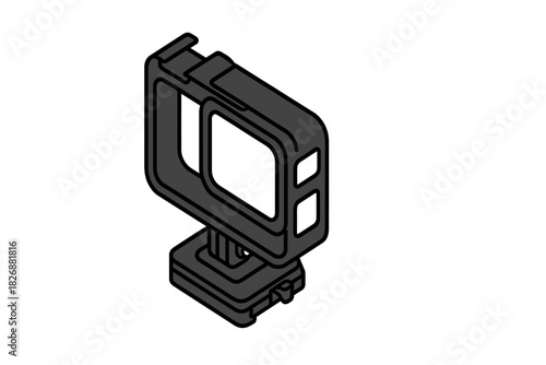 Isometric action camera protective frame housing and mounting base accessory