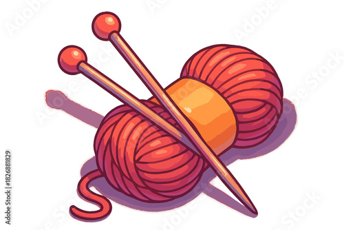 Bright red yarn balls and wooden knitting needles crossed on white background