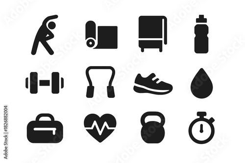 Stretching Routine Icons. Stretching routine. Solid icon set of Stretching routine: person stretching, yoga mat, towel, water bottle, dumbbell, resistance
