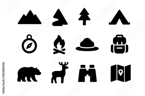 National Park Icons. National parks. Solid icon set of national parks: mountain, river, tree, tent, compass, campfire, ranger hat, backpack, bear, deer,