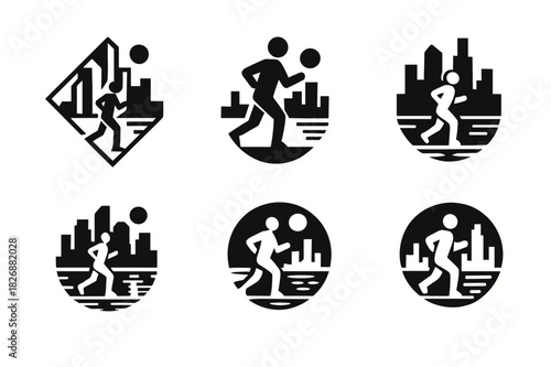 Jogging Skyline Icons. A person jogging along the waterfront in the city, enjoying the view of the skyline. Icon set. Set Logo of a person jogging along the