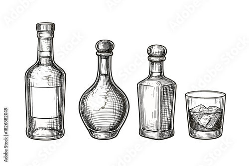 Hand drawn alcoholic beverage bottles and liquor glass set in vintage style