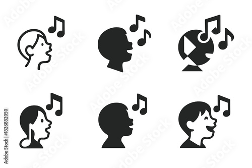 Singing Lessons Logos. teaching singing to children and youth. Icon set. Set Logo of teaching singing to children and youth: music notes and happy child