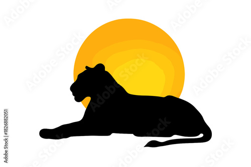 Powerful wild cat silhouette lying down against an orange sun circle