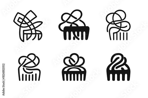 Tangled Hair Logos. Tangled hair. Icon set. Set Logo of tangled hair: Hair strands looping around comb. harmonious logo variations of the same emblematic