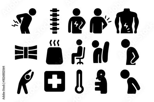 Lower Back Pain Icons. Lower Back Ache. Solid icon set of person holding back, spine, pain lines, muscle, back brace, hot pack, chair, pillow, stretching pose,