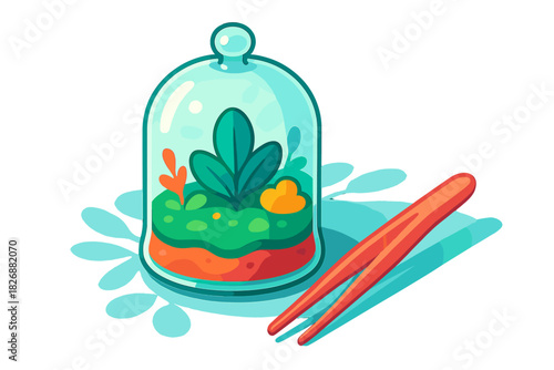 Miniature ecosystem terrarium under a glass cloche next to gardening tweezers on a clean white background