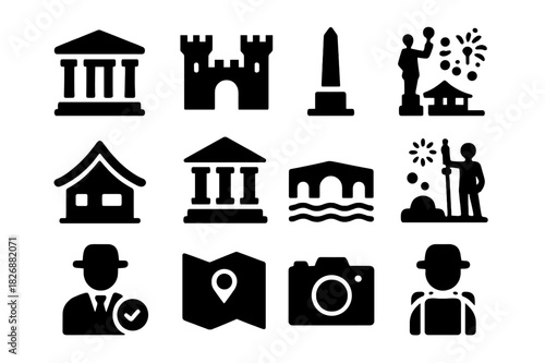 Historic Sites Icons. Historic sites. Solid icon set of Historic sites: ancient temple, castle, monument, statue, traditional house, museum, historic bridge,