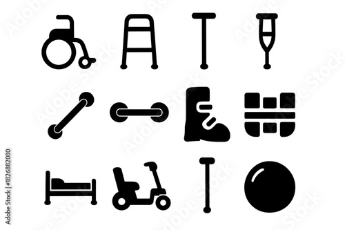 Assisted Mobility Icon Set. Assisted mobility. Solid icon set of Assisted mobility: wheelchair, walker, cane, crutches, handrail, grab bar, orthopedic shoe,