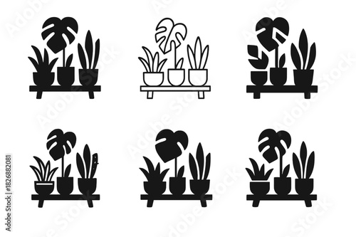 Indoor Plant Icon Set. placing indoor plants around the house. Icon set. Set Logo of placing indoor plants around the house: assorted houseplants on floor and