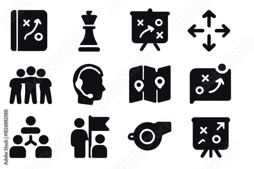 Team Strategy Icons. Team strategy. Solid icon set of Team strategy: playbook, chess piece, tactics board, arrows icon, team huddle, headset communication, map