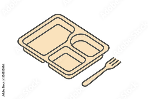 Beige disposable meal tray with multiple compartments and small eating utensil