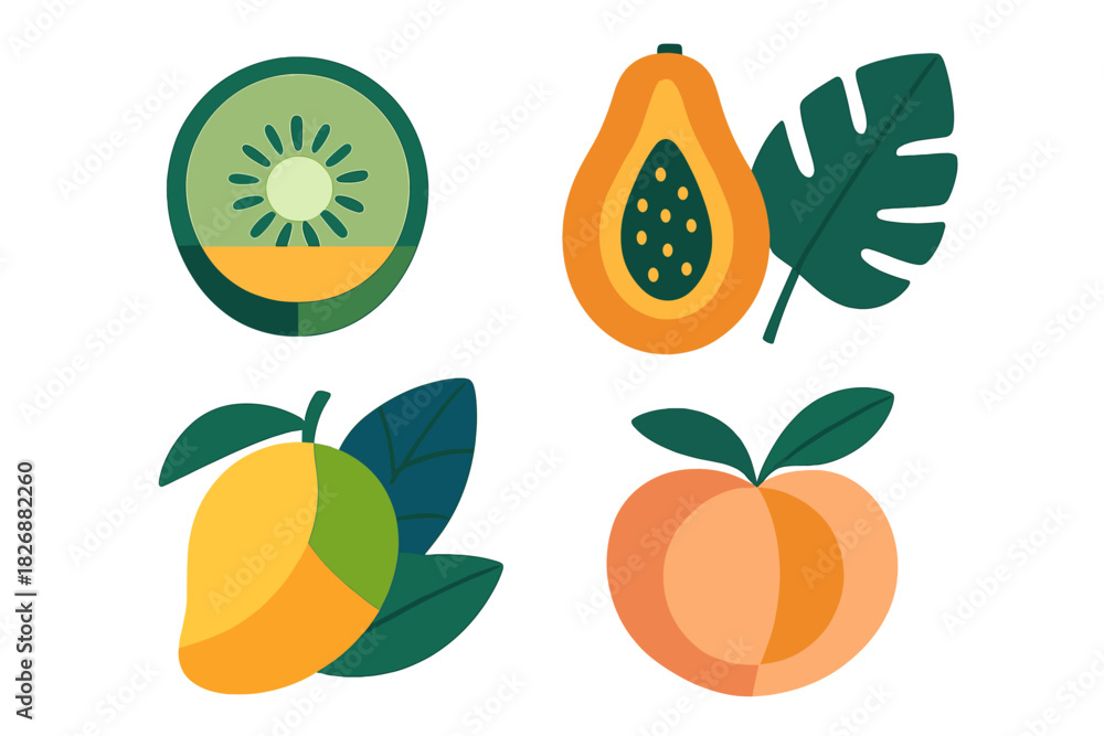 Fototapeta premium Stylized flat design tropical fruits including kiwi, papaya, mango, and peach