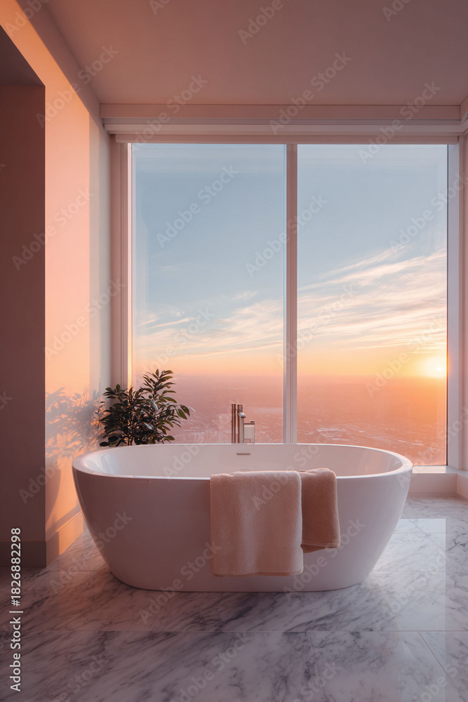 Fototapeta premium Serene bathroom with freestanding tub at sunset. Marble floor, large window with city view. Evokes relaxation, luxury, home, wellness. Ideal for spa, real estate.