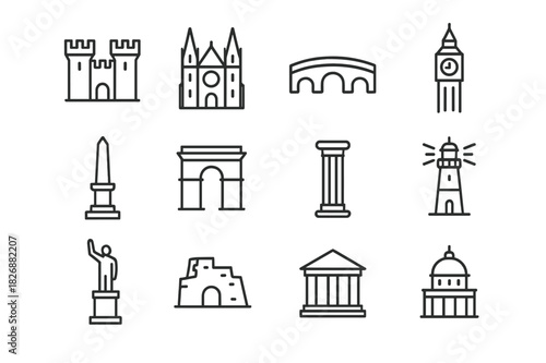 Historic Landmark Icons. Historic landmarks. Line icon set of historic landmarks: castle, cathedral, bridge, clock tower, monument, gate, column, lighthouse,