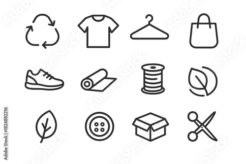 Circular Fashion Icons. Circular fashion. Line icon set of circular fashion: recycling arrows, shirt, hanger, bag, shoe, fabric roll, spool, leaf, button, box,