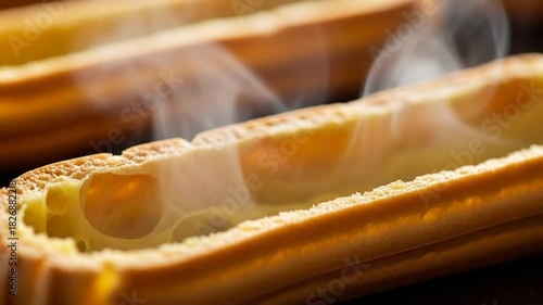 Close-up of a steaming hot dog in a bun with mustard
