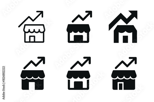 Small Business Icons. small business growth and challenges. Icon set. Set Logo of small business growth and challenges: upward arrow with store icon.