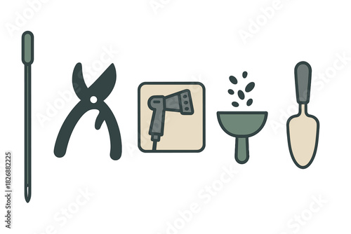 Collection of essential gardening tools icons featuring needle, pruning shears, hand sprayer, seed funnel, and trowel