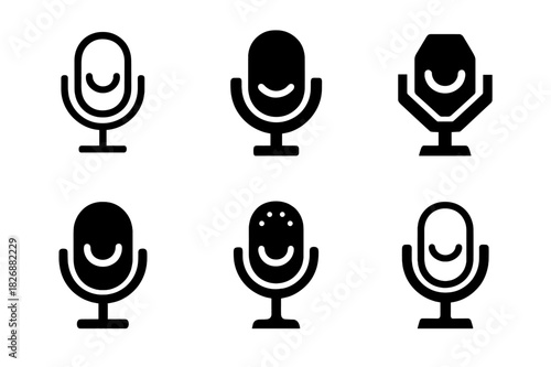 Comedy Podcast Logo Grid. Comedy Podcast. Icon set. Set Logo of Comedy Podcast: microphone with smile. harmonious logo variations of the same emblematic