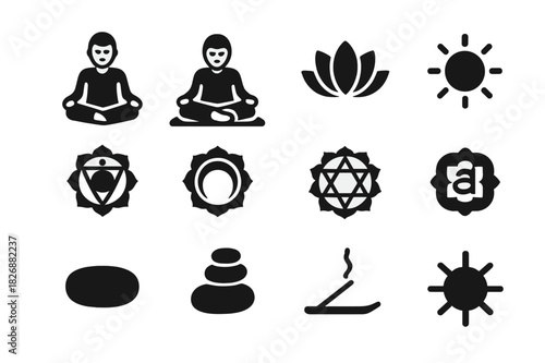 Mindful Yoga Icons. Mindful Sitting. Solid icon set of person cross-legged, lotus pose, hands on knees, closed eyes, calm face, yoga mat, cushion, chakra