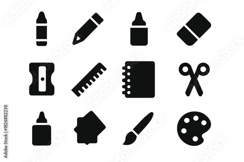 Stationery Icons Set. Stationery. Solid icon set of Stationery: crayon, pencil, marker, eraser, sharpener, ruler, sketchbook, scissors, glue, colored paper,
