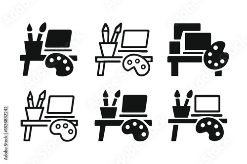Creative Home Project Icons. Working on a creative project from home. Icon set. Set Logo of working on a creative project from home: Desk with art supplies and