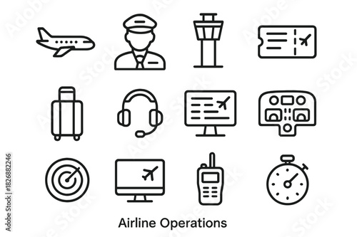 Airline Icon Set. Airline Operations. Line icon set of Airline Operations: airplane, pilot, control tower, ticket, luggage, headset, flight schedule, cockpit,