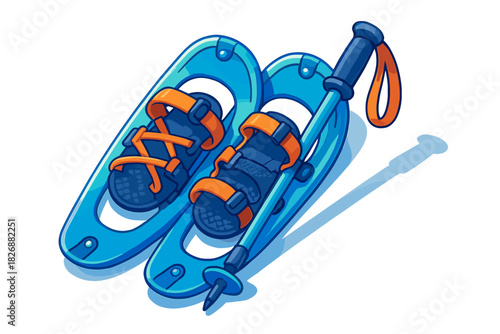 Modern blue snowshoes with orange bindings and a hiking pole for winter outdoor recreation