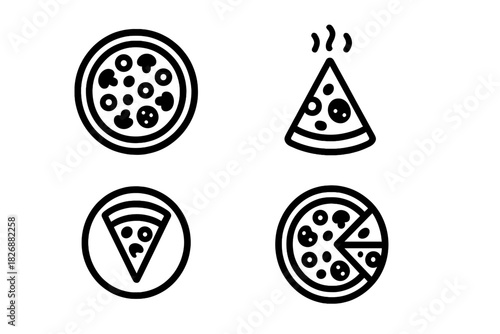 Minimalist line icons of whole pizzas and individual slices with toppings