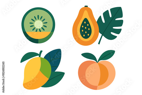 Stylized flat design tropical fruits including kiwi, papaya, mango, and peach