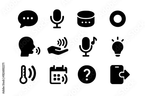 Voice Command Icons. Voice commands. Solid icon set of Voice commands: voice bubble, microphone icon, smart assistant, wake word, voice feedback, hands-free