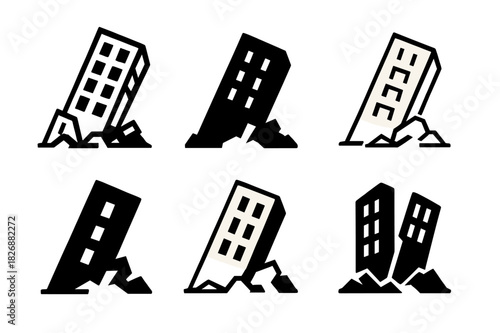 Collapsed Building Icons. Collapsed buildings. Icon set. Set Logo of Collapsed buildings: Broken skyscraper. harmonious logo variations of the same emblematic