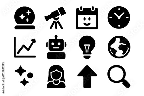 Forecast Icons Grid. Forecast Icons. Solid icon set of crystal ball, telescope, calendar, clock, graph, AI robot, light bulb, globe, stars, fortune teller,