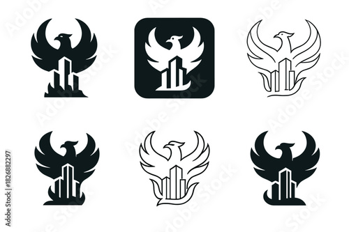 Modern Mythology Logos. Fantasy and mythology in modern settings. Icon set. Set Logo of fantasy and mythology in modern settings: phoenix rising from