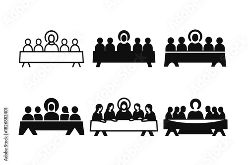 Last Supper Logos. Last Supper. Icon set. Set Logo of Last Supper: table with figures in silhouette. harmonious logo variations of the same emblematic concept,