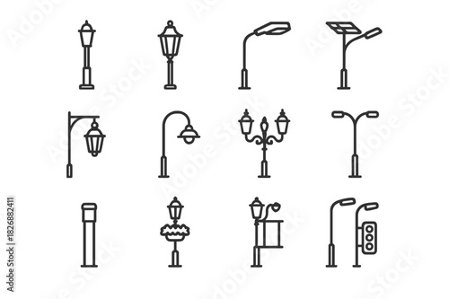 Street Illumination Icons. Street illumination types. Line icon set of Street illumination types: lamp post, traditional lamp, LED light, solar street light,