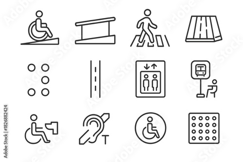 Barrier-Free Icon Set. Barrier-free environment. Line icon set of Barrier-free environment: wheelchair ramp, handrail, pedestrian crossing, sidewalk curb cut,