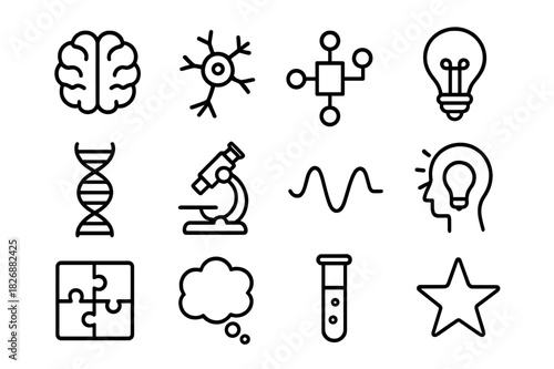 Creative Neuroscience Icons. Neuroscience of creativity. Line icon set of neuroscience of creativity: brain, neuron, circuit, light bulb, DNA strand,