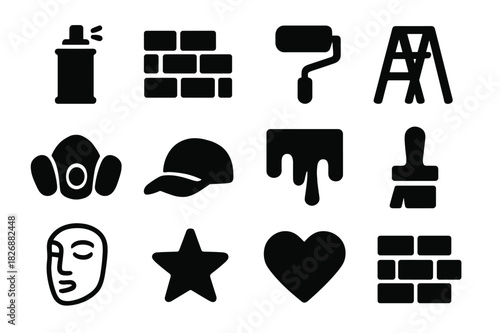 Street Art Icons. Street art. Solid icon set of street art: spray can, graffiti wall, paint roller, ladder, mask, cap, paint drip, brush, outline drawing,