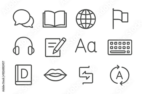 Language Exchange Icons. Language exchange. Line icon set of language exchange: speech bubble, book, globe, flag, headphones, writing, pen, alphabet, keyboard,