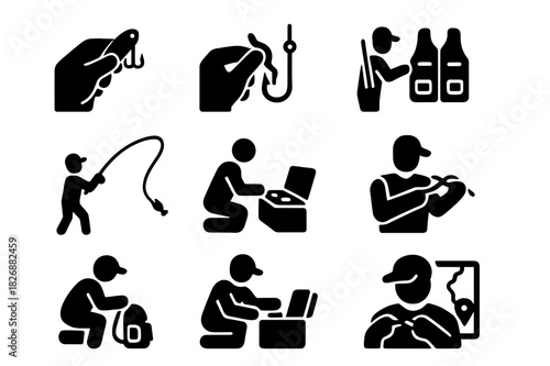 Fishing Prep Icons. Fishing preparation. Solid icon set of Fishing preparation: checking tackle, baiting hook, setting rod, casting line, arranging gear,