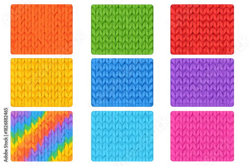 Collection of nine colorful knitted fabric texture swatches in rainbow colors