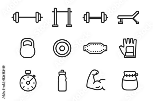 Strength Icons Grid. Strength and conditioning. Line icon set of strength and conditioning: barbell, squat rack, dumbbell, bench, kettlebell, plate, lifting