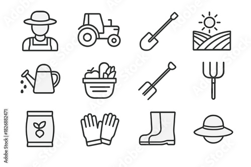 Agricultural Icons Set. Agricultural Workers. Line icon set of Agricultural Workers: farmer with hat, tractor, plow, crop field, watering can, basket of