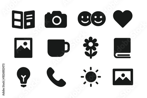 Memorable Icon Collection. Memories and moments. Solid icon set of memories and moments: photo album, camera, smiling faces, heart, instant photo, cup, flower,