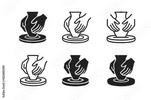 Artistic Craft Logos. Mastering a craft or artistic skill. Icon set. Set Logo of artistic mastery: pottery wheel creation. harmonious logo variations of the