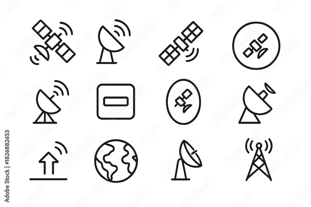 Fototapeta premium Telecom Satellite Icons. Telecommunication satellites. Line icon set of telecommunication satellites: satellite, antenna, solar panel, orbit line,